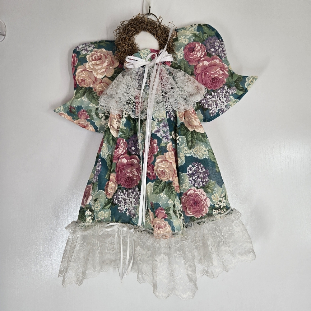 Vtg Hand Made Hanging Holy Angels Fabric‎ Angel Floral Lace Christmas Folk Art